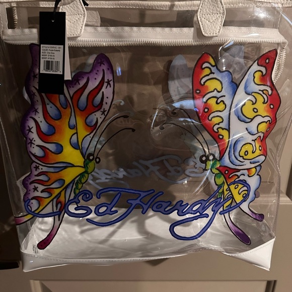 Ed Hardy Clear Butterfly Tote Bag - White and Multicolor